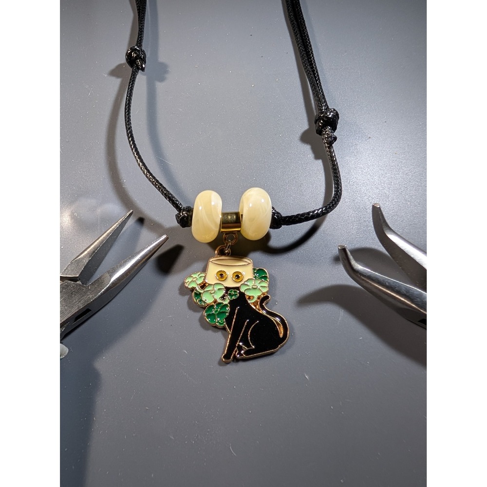 Black Cat Flower Crown Enamel Pendant Necklace Adjustable Cord Cream Beads